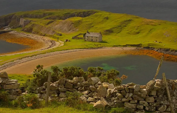 Дом, камни, забор, Шотландия, полуостров, озеро Эриболл