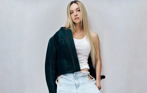 Jeans, Jacket, Portrait, Photoshoot, Vest, American actress, Sydney Sweeney, Blonde Girl