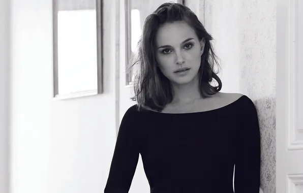Взгляд, поза, актриса, Natalie Portman, Натали Портман, черно белое фото