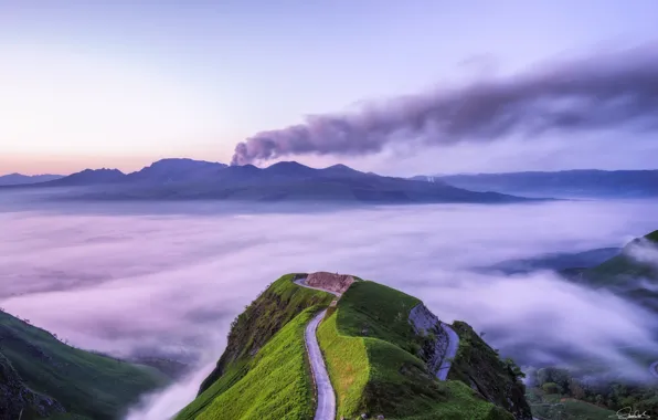 Картинка дорога, горы, утро, вулкан, Япония