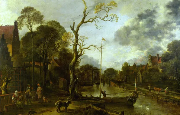 Картинка пейзаж, дерево, картина, Арт Ван дер Нер, Aert van der Neer, Вечерний Вид на Реку …