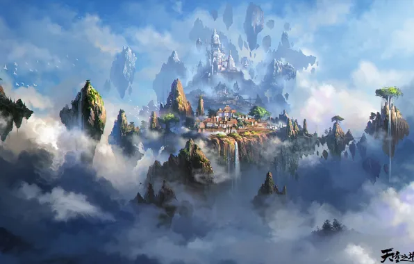 Облака, пейзаж, горы, здания, высота, арт, Liang xing, летающие скалы