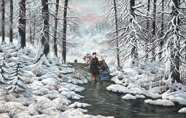 Картинка зима, лес, снег, лёд, живопись, ёлки, коньки, Laszlo Neogrady