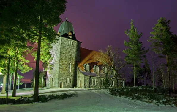Зима, деревья, церковь, Finland, финляндия, Sastamala, Karkku