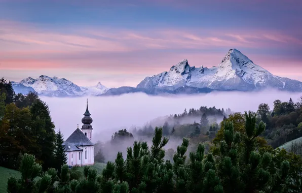Картинка пейзаж, горы, природа, туман, утро, Германия, Бавария, Альпы