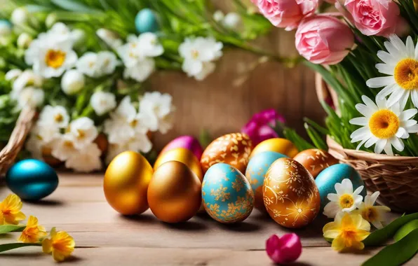 Цветы, яйца, весна, colorful, Пасха, happy, flowers, spring