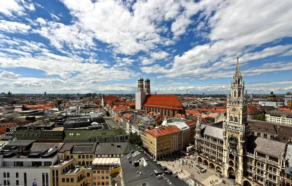 Картинка Германия, Мюнхен, панорама, Мариенплац, Фрауэнкирхе, новая ратуша