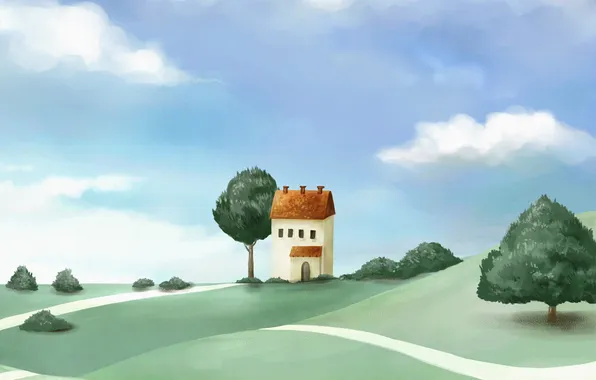 Картинка дорога, облака, деревья, дом, холмы, рисунок
