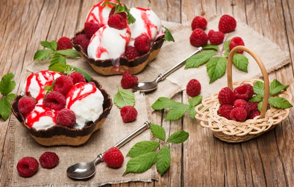 Картинка ягоды, малина, мороженое, листочки, десерт, ложки