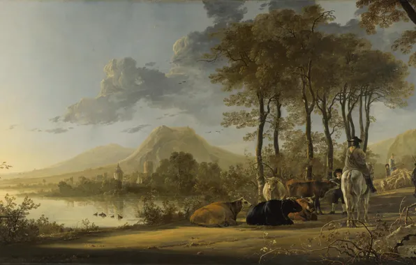 Картинка небо, деревья, пейзаж, река, картина, коровы, всадник, живопись