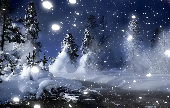 Зима, снег, ночь, Лес, елочки