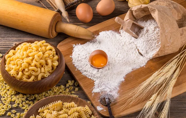 Яйца, колосья, рожки, мука, макароны, скалка
