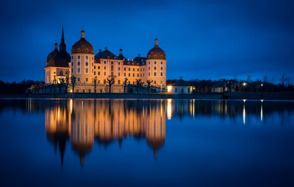 Озеро, отражение, замок, Германия, Морицбург, Schloss Moritzburg