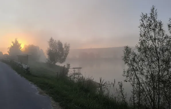 Туман, озеро, пруд, рассвет, село, помост, туманное утро, пробуждение природы