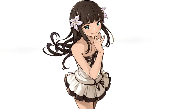Girl, green eyes, long hair, dress, brown hair, anime, flowers, beautiful