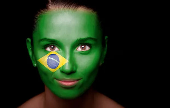 Взгляд, девушка, лицо, фон, бразилия, карие глаза, бразильский флаг