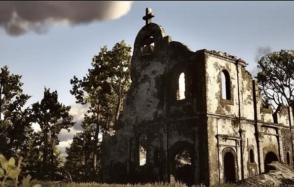 HDR, Clouds, Gun, Game, Church, Trees, Cross, UHD