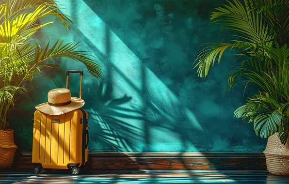 Пляж, лето, пальмы, берег, отпуск, чемодан, summer, beach