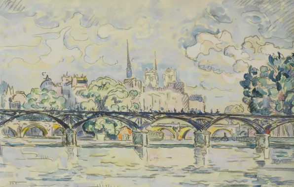 Рисунок, акварель, Поль Синьяк, Paul Signac, Париж. Мост Искусств