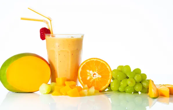 Картинка стакан, ягоды, фон, апельсин, виноград, напиток, фрукты, манго