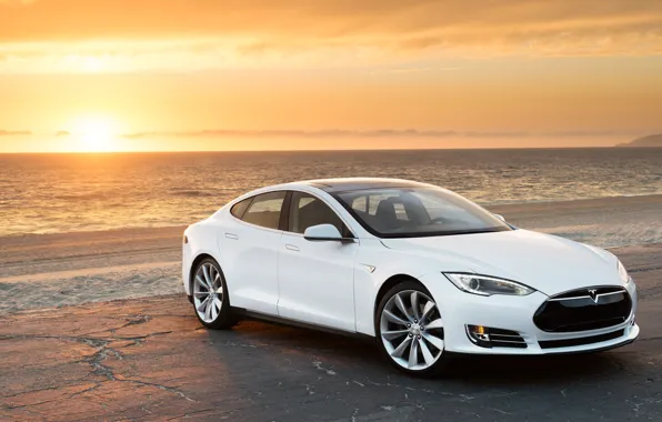 Пляж, закат, электрокар, Tesla Model S