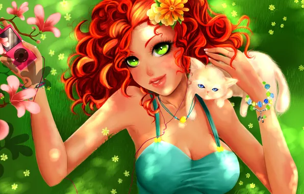 Картинка взгляд, девушка, цветы, дерево, котик, аниме, арт, рыжие волосы