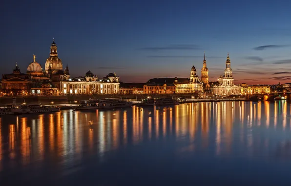 Картинка ночь, огни, река, дома, Германия, Дрезден, Эльба