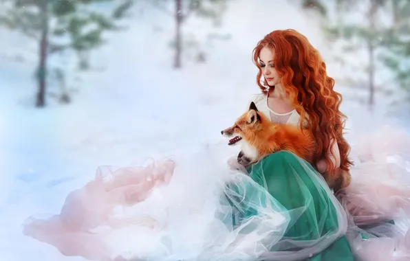 Зима, лес, девушка, снег, природа, поляна, платье, лиса