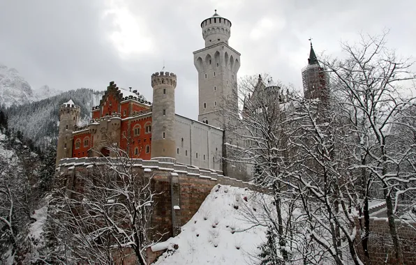 Картинка зима, лес, снег, деревья, замок, гора, Германия