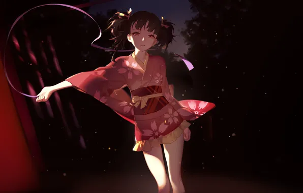 Ночь, огоньки, девочка, лента, кимоно, бант, Kabaneri of the Iron Fortress, Mumei