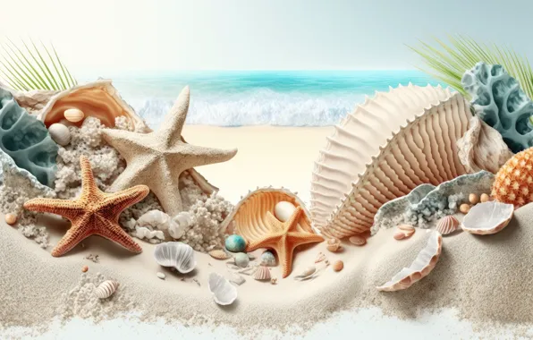 Море, пляж, океан, берег, ракушка, ракушки, морская звезда, морские ракушки