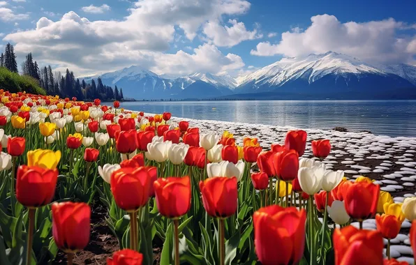 Цветы, весна, colorful, тюльпаны, red, sunshine, landscape, nature