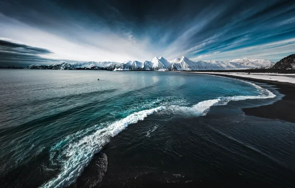 USA, Alaska, sky, sea, clouds, mountain, snow