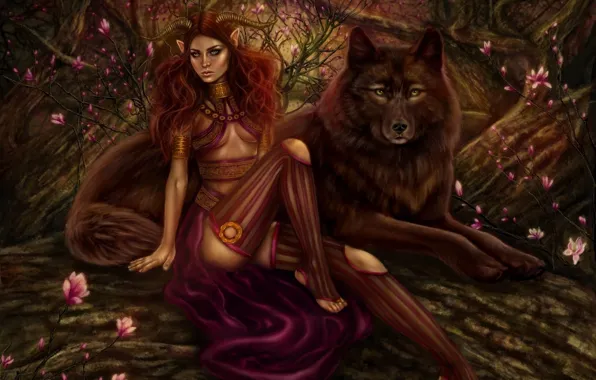 Картинка цветы, хищник, арт, рыжая, демон, волк, деревья, демоница, девушка, рога, лес