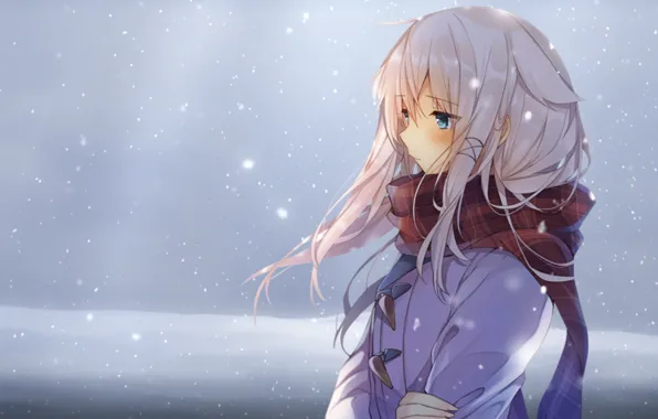 Картинка зима, девушка, снег, аниме, шарф, арт, mishima kurone