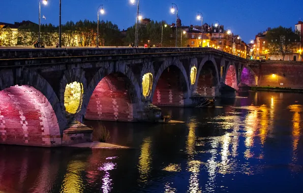 Ночь, мост, огни, река, Франция, фонари, набережная, Toulouse
