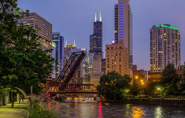 Картинка мост, город, река, вечер, Чикаго, США, Иллиноис