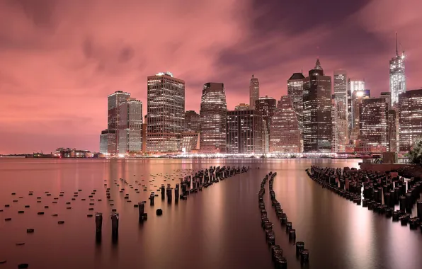 Картинка ночь, город, огни, река, здания, дома, Нью-Йорк, небоскребы