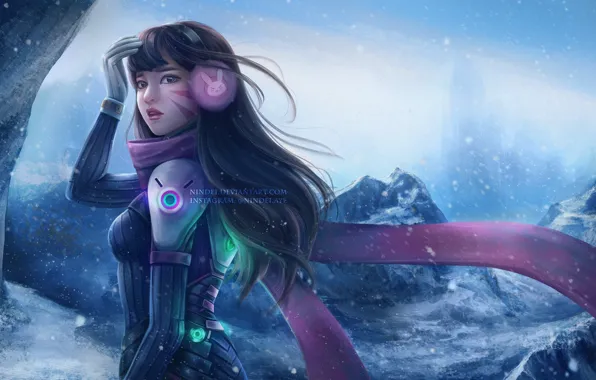 Девушка, снег, горы, Overwatch, Ханна Сон, D. VA, by Patrycja Kotlik