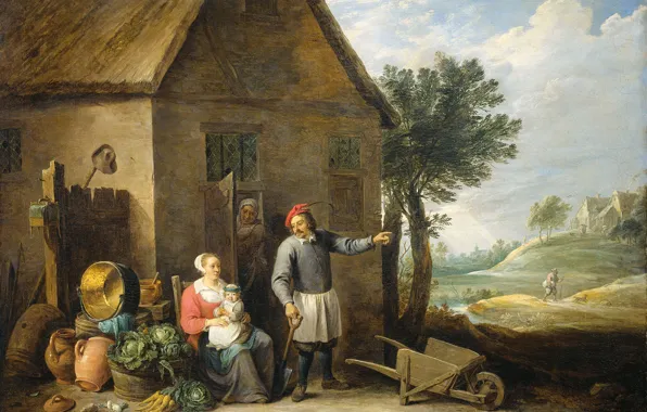 Масло, картина, холст, Давид Тенирс Младший, Крестьянин с Женой и Ребенком у Своего Дома