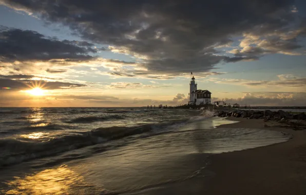 Картинка море, пляж, солнце, восход, маяк, утро, пирс, Испания