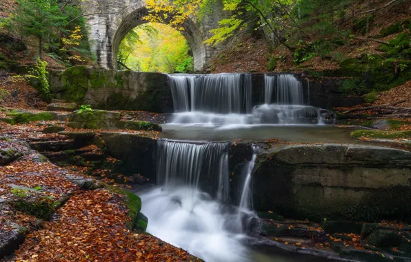 Осень, мост, водопад, каскад, опавшие листья, Болгария, Bulgaria, Ситово