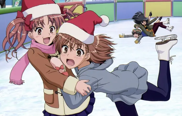 Шапка, девочки, лёд, шарф, падение, фигурное катание, каток, To Aru Majutsu no Index