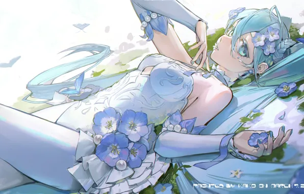 Вода, девушка, бабочки, цветы, Hatsune Miku, Vocaloid