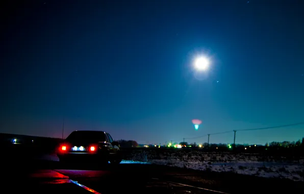 Ночь, луна, звезда, звёзды, mercedes, полнолуние, mercedes-benz, мерседес