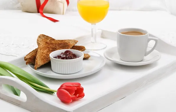 Картинка цветок, тюльпан, кофе, завтрак, сок, тарелка, джем, поднос