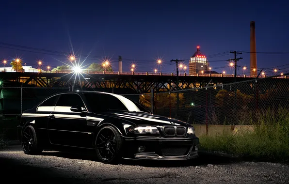 Ночь, город, блики, бмв, BMW, чёрная, black, E46