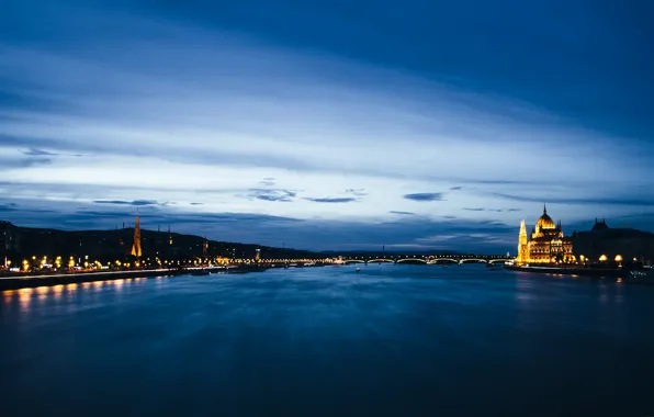 Небо, закат, синий, река, budapest, будапешт, венгрия, hungary