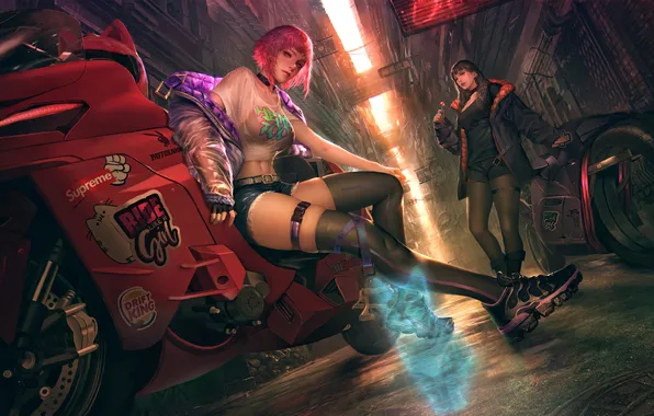 Pink hair, girls, style, cat, sci-fi, cyberpunk, motorcycle-, the girl in shorts