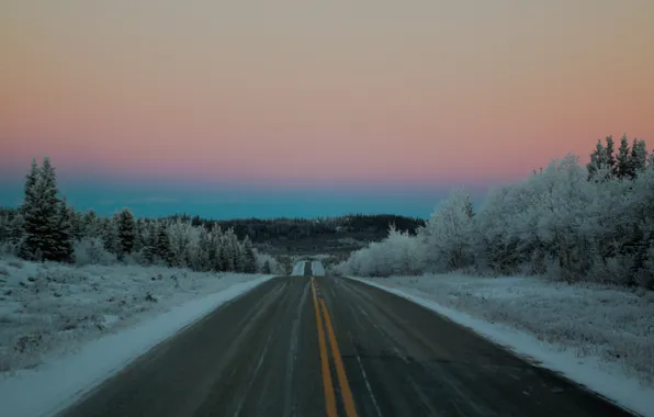 Картинка twilight, road, sunset, pink, winter, snow, dusk, purple